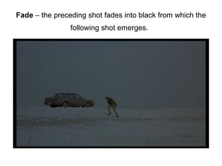 Fade  – the preceding shot fades into black from which the following shot emerges.   