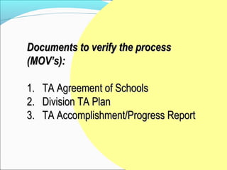 Documents to verify the process
(MOV’s):

1.   TA Agreement of Schools
2.   Division TA Plan
3.   TA Accomplishment/Progress Report
 