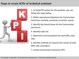 Steps to create KPIs of technical assistant 
1. To build KPI system for this position, you can 
follow the steps below: 
2. Define operational objectives for Construction 
technician monthly, quarterly, 6 months, yearly. 
3. Identify Key Result Areas for the Construction 
technician. 
4. Identify tasks list. 
5. Determine work procedure for each KRA, each 
task. 
6. Identify methods to measure the results of each 
KRA, task, procedure. 
7. Create Construction technician KPIs 
Top materials: top sales KPIs, Top 28 performance appraisal forms, 11 performance appraisal methods 
Interview questions and answers – free download/ pdf and ppt file 
 