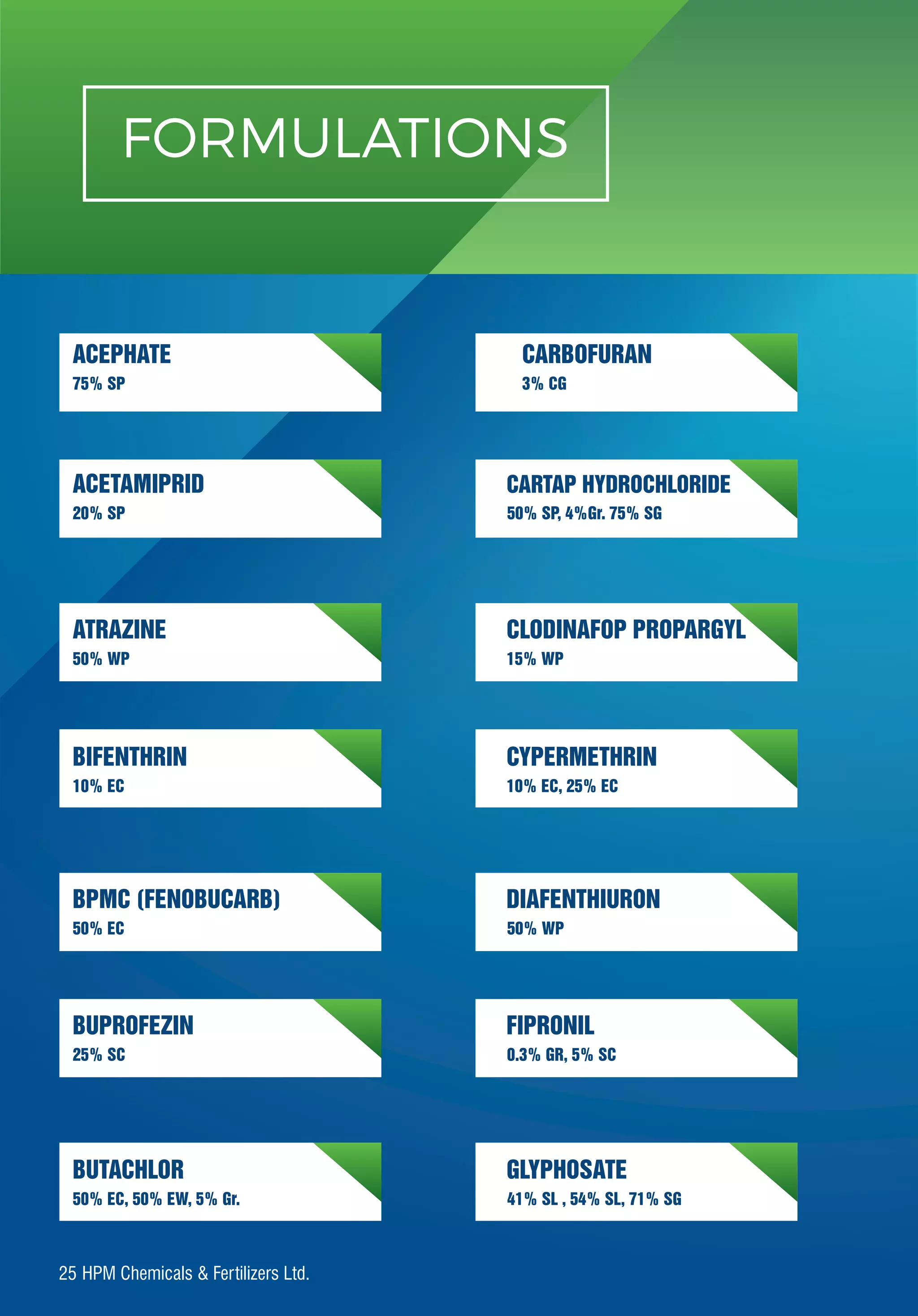ACEPHATE CARBOFURAN
ACETAMIPRID CARTAP HYDROCHLORIDE
ATRAZINE
BIFENTHRIN CYPERMETHRIN
BPMC (FENOBUCARB) DIAFENTHIURON
BUPROFEZIN FIPRONIL
BUTACHLOR GLYPHOSATE
75% SP 3% CG
20% SP 50% SP, 4%Gr. 75% SG
50% WP 15% WP
10% EC 10% EC, 25% EC
50% EC 50% WP
25% SC 0.3% GR, 5% SC
50% EC, 50% EW, 5% Gr. 41% SL , 54% SL, 71% SG
FORMULATIONS
CLODINAFOP PROPARGYL
25 HPM Chemicals & Fertilizers Ltd.
 