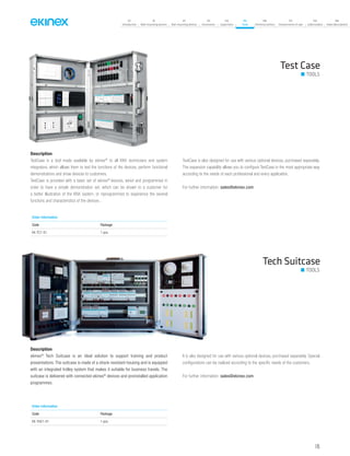 145
07
Introduction
18
Wall-mounting devices
87
Rail-mounting devices
131
Accessories
133
Supervision
142
Tools
146
Technical section
157
General terms of sale
159
Index (codes)
160
Index (description)
Test Case
TOOLS
Tech Suitcase
Description
TestCase is a tool made available by ekinex®
to all KNX technicians and system
integrators, which allows them to test the functions of the devices, perform functional
demonstrations and show devices to customers.
TestCase is provided with a basic set of ekinex®
devices, wired and programmed in
order to have a simple demonstration set, which can be shown to a customer for
a better illustration of the KNX system, or reprogrammed to experience the several
functions and characteristics of the devices .
TestCase is also designed for use with various optional devices, purchased separately.
The expansion capability allows you to configure TestCase in the most appropriate way
according to the needs of each professional and every application.
For further information: sales@ekinex.com
Order information
Code Package
EK-TC1-01 1 pcs.
Order information
Code Package
EK-THC1-01 1 pcs.
TOOLS
Description
ekinex®
Tech Suitcase is an ideal solution to support training and product
presentations. The suitcase is made of a shock-resistant housing and is equipped
with an integrated trolley system that makes it suitable for business travels. The
suitcase is delivered with connected ekinex®
devices and preinstalled application
programmes.
It is also designed for use with various optional devices, purchased separately. Special
configurations can be realized according to the specific needs of the customers.
For further information: sales@ekinex.com
 
