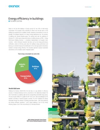 TECHNICAL016EN
154
Energy efficiency in buildings
TECHNICAL SECTION
Based on the fact that buildings in Europe account for over 40% of total energy
consumption, the European Union intensified its efforts over the last years so that
buildings be projected and re-qualified, thereby restraining consumptions as much as
possible. The declared objective is to reduce energy dependence and the emission
of polluting and climate-changing gases. The starting point was the publishing of
Directive 91 in 2002 about energy performance in building (known as EPBD – Energy
Performance Building Directive) - a mandatory implementation for European Union
countries – which introduced important new facts, such as the energy performance
certification, aimed at informing users about the building’s energy performance and
leaving up to national measures the identification of the most appropriate interventions
needed to increase energy efficiency. The innovative approach required coordinated
interventions on the envelope-system integrated system.
Final energy consumption by sector (EU)
Industry
28% Buildings
41%
Transportation
31%
The EN 15232 norm
Following the Directive 2002/91/EC, the next step is to pay attention to efficiency
recovery in individual behaviours and to concentrate on the relationship between the
rate of automation in a building’s plan and the corresponding achievable energy saving.
This has brought CENELEC to publish the EN 15232 norm, later acknowledged by the
standard committee of several European countries. The norm evaluates the savings
achievable through the adoption of growing automation levels – both during planning
and energy verification operations – and to place buildings in one of four energy
efficiency classes: from A (the most efficient) to D (the least efficient).
BACS: Building Automation Control System
TBM: Technical Building Management System
A
B
C
D
 