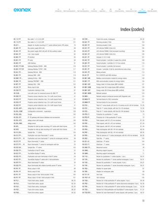 159
07
Introduction
18
Wall-mounting devices
87
Rail-mounting devices
131
Accessories
133
Supervision
142
Tools
146
Technical section
157
General terms of sale
159
Index (codes)
160
Index (description)
Index(codes)
EK-112-TP Bus cable 1 x 2 x 0,8 LSHF 131
EK-114-TP Bus cable 2 x 2 x 0,8 LSHF 131
EK-A71-... Adapter for double mounting of 71 series without frame (‘NF series) 70
EK-AB1-TP Bus power supply (640 mA) 89
EK-AG1-TP Bus power supply (640 mA) with 30 Vdc auxiliary output 90
EK-BA1-TP Line / area coupler 92
EK-BB1-TP IP interface 93
EK-BC1-TP IP router 94
EK-BD1-TP USB interface 91
EK-BH1-TP-485 Gateway Modbus RS485 - KNX 116
EK-BH1-TP-TCP Gateway Modbus TCP/IP - KNX 117
EK-BJ1-TP-… Gateway BACnet - KNX 118
EK-BK1-TP Gateway DMX - KNX 119
EK-BM1-TP-... Gateway M-Bus - KNX 120
EK-BN1-TP Gateway PROFINET - KNX 121
EK-BP1-TP Gateway DALI - KNX 122
EK-CA1-TP Binary input 8-fold 96
EK-CB2-TP Pushbutton interface 6-fold 97
EK-CLM-... Lens with cover for movement sensor EK-SM2-TP 40
EK-DB2-TP Presence sensor detection max. 16 m with round frame 41
EK-DC2-TP Presence sensor detection max. 16 m with square frame 41
EK-DD2-TP Presence sensor detection max. 30 m with round frame 41
EK-DE2-TP Presence sensor detection max. 30 m with square frame 41
EK-DEL-APP-... delégo App for mobile devices 138
EK-DEL-CONF Configuration enviroment - supervision 139
EK-DEL-DGL Dongle 140
EK-DEL-GTI IP / IR gateway with device database and accessories 141
EK-DEL-KTO delégo server with dongle 140
EK-DEL-SWO delégo server 140
EK-DFL Template for side-by-side mounting of FF series with flank frames 72
EK-DFO Template for side-by-side mounting of FF series with form frames 72
EK-E12-DK-... Sample Box - 71 series 143
EK-E12-TP-... Pushbutton and room thermostat 71 series 48
EK-E12-TP-…-R Pushbutton and room thermostat 71 series for rectangular wall-box 49
EK-E72-TP Room thermostat 71 series 54
EK-E72-TP-…-R Room thermostat 71 series for rectangular wall-box 55
EK-EX2-DK-... Sample Box - FF series 143
EK-EB2-TP-... Pushbutton 6-fold FF series 25
EK-EC2-TP-... Touch&See display FF series 36
EK-ED2-TP-... Pushbutton and room thermostat 4-fold FF series 24
EK-EF2-TP-... Touch&See display FF series with 2-fold pushbutton 37
EK-EP2-TP-... Room thermostat FF series 30
EK-EQ2-TP-... Room thermostat with relative humidity sensor FF series 31
EK-FA1-TP Binary output 4-fold 98
EK-FB1-TP Binary output 8-fold 99
EK-FE1-TP Binary output 8-fold / blind actuator 4-fold 100
EK-FF1-TP Binary output 16-fold / blind actuator 8-fold 101
EK-FL2-... Frame flank series, double 66, 83
EK-FLQ-... Frame flank series, square 65, 83
EK-FLR-... Frame flank series, rectangular 65, 83
EK-FO2-... Frame form series, double 66, 82
EK-FOQ-... Frame form series, square 64, 82
EK-FOR-... Frame form series, rectangular 64, 82
EK-GA1-TP Dimming actuator 2-fold 103
EK-GB1-TP Dimming actuator 4-fold 104
EK-GC1-TP LED-dimmer RGBW 4-fold (2 A) 105
EK-GC3-TP LED-dimmer RGBW 4-fold (recessed mounting) 106
EK-GD1-TP LED-dimmer RGBW 4-fold (4 A) 105
EK-GF1-TP Actuator 0-10 V 4-fold 107
EK-HA1-TP Fancoil actuator / controller (3-speed fan control) 109
EK-HB1-TP Fancoil actuator / controller (0-10 V fan control) 110
EK-HC1-TP Fancoil actuator / controller (full version) 111
EK-HE1-TP Actuator / controller 4-fold for electrothermal valve drives 112
EK-HH1-TP Mixing actuator 113
EK-IA1-TP PLC CODESYS with KNX interface 114
EK-MC1-MD Modbus communication module for energy meters 129
EK-MC1-TP KNX communication module for energy meters 130
EK-ME1-06T Energy meter 6 A three phase (MID certified) 127
EK-ME1-80M Energy meter 80 A single phase (MID certified) 126
EK-ME1-80T Energy meter 80 A three phase (MID certified) 128
EK-ME1-MDB Network analyzer 124
EK-MEK-... Network analyzer (enhanced version) with Rogowski coils 125
EK-MGB-TP Terminal blocks for SELV connection 131
EK-MNR-TP Terminal blocks for bus connection 131
EK-P2G-... Plate for 71 series (double, with one 55 x 55 window, one 60 x 60 mm window) 70, 85
EK-P2P-... Plate for 71 series (double, with two 55 x 55 windows) 70, 85
EK-P2S-... Plate for 71 series (double, with two 60 x 60 windows) 70, 85
EK-PPQ-71 Protection for pushbutton 71 series 73
EK-PPQ-FF Protection for 4-fold pushbutton FF series 73
EK-PQG-... Plate (square, with 55 x 55 mm window) 67, 84
EK-PQP-... Plate (square, with 45 x 45 mm window) 67, 84
EK-PQS-... Plate (square, with 60 x 60 mm window) 67, 84
EK-PRG-... Plate (rectangular, with 68 x 45 mm window) 68, 85
EK-PRP-... Plate (rectangular, with 66 x 44 mm window) 68, 85
EK-PRS-... Plate for devices of 71 series (rectangular, with 60 x 60 mm window) 68, 85
EK-SB2-... Style Box - 71 series 143
EK-SC1-01 StyleCase - FF series 144
EK-SC2-71 StyleCase - 71 series 144
EK-SM2-TP-... Movement sensor 40
EK-SMQ-... Mounting support (square) 71
EK-SMR-... Mounting support (rectangular) 71
EK-T1Q-... Rocker for pushbutton 71 series (square, 1 pcs.) 59, 81
EK-T2R-... Rockers for pushbutton 71 series (vertical rectangular, 2 pcs.) 59, 81
EK-T4Q-... Rockers for pushbutton 71 series (square, 4 pcs.) 59, 81
EK-T4R-... Rockers for pushbutton 71 series (horizontal rectangular, 4 pcs.) 59, 81
EK-TAQ-... Adapter for square plate 67
EK-TAR-... Adapter for rectangular plate 69
EK-TC1-01 Test Case 145
EK-THC1-01 Tech Suitcase 145
EK-TQQ-... Rockers for 4-fold pushbutton FF series (square, 4 pcs.) 56, 80
EK-TRO-... Rockers for 4-fold pushbutton FF series (horizontal rectangular, 4 pcs.) 56, 80
EK-TRV-... Rockers for 4-fold pushbutton FF series (vertical rectangular, 2 pcs.) 56, 80
EK-TSQ-... Rockers for 6-fold pushbutton and Touch&See FF series (square, 4 pcs.) 57, 81
EK-TSQ-EP2-... Rockers for room thermostat FF series (square, with symbols, 2 pcs.) 58, 81
 