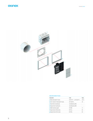 TECHNICAL016EN
Room thermostats FF series
Description Code Page
a) Room thermostat FF series EK-EP2-TP-... or EK-EQ2-TP-... 30-31
b) Set 2 rockers for thermostat FF series EK-TSQ-EP2-... 58
c) Round flush-mounting box not delivered by SBS -
d) Square flush-mounting box not delivered by SBS -
e) Metal mounting support EK-SMQ 71
f) Square frame of flank series EK-FLQ-... 65
g) Square frame of form series EK-FOQ-... 64
a
b
e
d
g
c
f
28
 