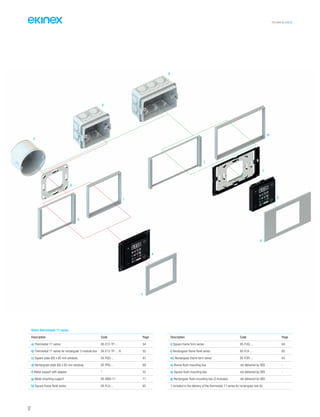 TECHNICAL016EN
Room thermostats 71 series
Description Code Page
a) Thermostat 71 series EK-E72-TP-... 54
b) Thermostat 71 series for rectangular 3-module box EK-E12-TP-...-R 55
c) Square plate (60 x 60 mm window) EK-PQS-... 67
d) Rectangular plate (60 x 60 mm window) EK-PRS-... 69
f) Metal support with adapter * 55
g) Metal mounting support EK-SMQ-71 71
h) Square frame flank series EK-FLQ-... 65
Description Code Page
i) Square frame form series EK-FOQ-... 64
l) Rectangular frame flank series EK-FLR-... 65
m) Rectangular frame form series EK-FOR-... 64
n) Round flush-mounting box not delivered by SBS -
o) Square flush-mounting box not delivered by SBS -
p) Rectangular flush-mounting box (3 modules) not delivered by SBS -
*) Included in the delivery of the thermostat 71 series for rectangular box (b)
f
p
o
n
m
i
g
b
a
c
d
h
l
52
 