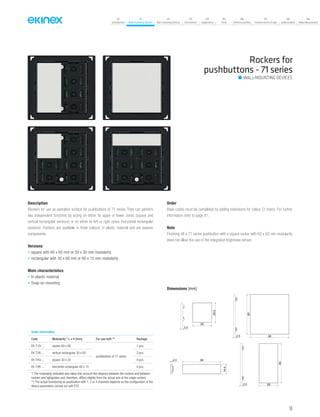 07
Introduction
18
Wall-mounting devices
87
Rail-mounting devices
131
Accessories
133
Supervision
142
Tools
146
Technical section
157
General terms of sale
159
Index (codes)
160
Index (description)
Description
Rockers for use as operation surface for pushbuttons of 71 series. They can perform
two independent functions by acting on either its upper or lower zones (square and
vertical rectangular versions) or on either its left or right zones (horizontal rectangular
versions). Rockers are available in three colours, in plastic material and are passive
components.
Versions
• square with 60 x 60 mm or 30 x 30 mm modularity
• rectangular with 30 x 60 mm or 60 x 15 mm modularity
Main characteristics
• In plastic material
• Snap-on mounting
Order
Base-codes must be completed by adding extensions for colour (3 chars). For further
information refer to page 81.
Note
Finishing off a 71 series pushbutton with a square rocker with 60 x 60 mm modularity
does not allow the use of the integrated brightness sensor.
Order information
Code Modularity * L x H [mm] For use with ** Package
EK-T1Q-... square 60 x 60
pushbuttons of 71 series
1 pcs.
EK-T2R-... vertical rectangular 30 x 60 2 pcs.
EK-T4Q-... square 30 x 30 4 pcs.
EK-T4R-... horizontal rectangular 60 x 15 4 pcs.
*) The modularity indicated also takes into account the distance between the rockers and between
rockers and lightguides and, therefore, differs slightly from the actual size of the single rockers
**) The actual functioning as pushbutton with 1, 2 or 4 channels depends on the configuration of the
device parameters carried out with ETS
Dimensions [mm]
2,5
29,5
29
2,5
60
58
2.5
14,5
58
60
292,5
Rockers for
pushbuttons - 71 series
WALL-MOUNTING DEVICES
59
 