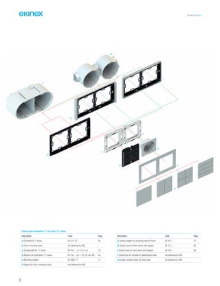 TECHNICAL016EN
Side-by-side installation 71 mm apart (71 series)
Description Code Page
a) Pushbutton 71 series EK-E12-TP-... 48
b) Flush-mounting insert not delivered by SBS -
c) Double plate for 71 Series EK-P2x-... (x = P, S o G) 70
d) Rockers for pushbutton 71 Series EK-Txx-... (xx = 1Q, 2R, 4Q, 4R) 59
e) Mounting support EK-SMQ-71 71
f) Support for flush-mounting insert not delivered by SBS -
Description Code Page
g) Double adapter for mounting without frame EK-A71-... 70
h) Double frame of flank series with adapter EK-FL2-... 66
i) Double frame of form series with adapter EK-FO2-... 66
l) Double box for movable or plasterboard walls not delivered by SBS -
m) Single modular boxes for bricks wall not delivered by SBS -
d
ca
b
g
f
l
m
i
h
e
62
 