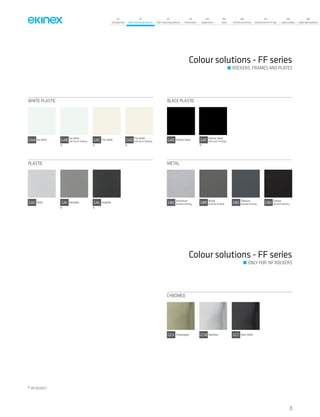 07
Introduction
18
Wall-mounting devices
87
Rail-mounting devices
131
Accessories
133
Supervision
142
Tools
146
Technical section
157
General terms of sale
159
Index (codes)
160
Index (description)
Colour solutions - FF series
WHITE PLASTIC
GAB Ice white
Soft-touch finishing
*
GAC Fire white
*
GAD Fire white
Soft-touch finishing
*
GAA Ice white
BLACK PLASTIC
GAF Intense black
Soft-touch finishing
*
GAE Intense black
* ON REQUEST
PLASTIC
GAI Hematite
*
GAL Graphite
*
GAG Silver
METAL
GBR Nickel
Brushed finishing GBS Titanium
Brushed finishing GBU Carbon
Brushed finishingGBQ Aluminium
Brushed finishing
CHROMED
ROCKERS, FRAMES AND PLATES
Colour solutions - FF series
ONLY FOR ‘NF ROCKERS
GCW Stainless GCZ Dark metalGCV Champagne
75
 