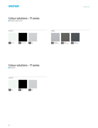 TECHNICAL016EN
Colour solutions - 71 series
PLASTIC
GAA Ice white GAE Intense black GAG Silver
METAL
GBR Nickel
Brushed finishing GBS Titanium
Brushed finishingGBQ Aluminium
Brushed finishing
Colour solutions - 71 series
MAA White
PLASTIC
MAL Black GAG Silver
ROCKERS
FRAMES AND PLATES
76
 
