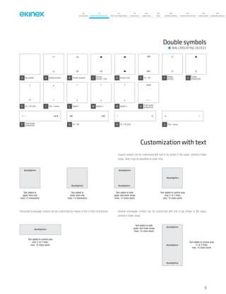2
0
1
0
3
0
Double symbols
C Arrows
(empty / full)
M Speed 2
G Bullets
(empty/full)0 No symbol
H On / Off (I/O)
P Triple bullet
(empty/full)
B Arrows (empty)
L Speed 1
Q On / Off
D Arrows (full)
N Speed 3
R On / Off (I/O)
E On / Off
ON
OFF
O Triple bullet
(empty/full)
F Bullets
(empty)A Simple arrows
I Plus / minus
ON OFF
S Plus / minus
Customization with text
Text added to
upper area only
(max 12 characters)
Text added to central area
only (1 or 2 lines,
max. 12 chars each)
Square rockers can be customized with text to be shown in the upper, central or lower
areas. Texts must be specified at order time.
Horizontal rectangular rockers can be customized by means of text in their central area.
Text added to central area
only (1 or 2 lines,
max. 12 chars each)
Abcdefghilmn
Text added to
lower area only
(max. 12 characters)
Text added to both
upper and lower areas
(max. 12 chars each)
Abcdefghilmn
Abcdefghilmn
Abcdefghilmn
Abcdefghilmn
Abcdefghilmn
Vertical rectangular rockers can be customized with text to be shown in the upper,
central or lower areas.
Text added to both
upper and lower areas
(max. 12 chars each)
Text added to central area
(1 or 2 lines,
max. 12 chars each)
Abcdefghilmn
Abcdefghilmn
Abcdefghilmn
WALL-MOUNTING DEVICES
79
07
Introduction
18
Wall-mounting devices
87
Rail-mounting devices
131
Accessories
133
Supervision
142
Tools
146
Technical section
157
General terms of sale
159
Index (codes)
160
Index (description)
 