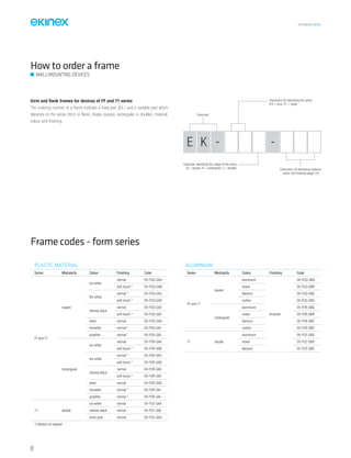 TECHNICAL016EN
How to order a frame
form and flank frames for devices of FF and 71 series
The ordering number of a frame includes a fixed part (EK-) and a variable part which
depends on the series (form or flank), shape (square, rectangular or double), material,
colour and finishing.
Frame codes - form series
Fixed part
Characters (2) identifying the series
(FO = form, FL = flank)
Character identifying the shape of the frame
(Q = square, R = rectangular, 2 = double) Characters (3) identifying material,
colour and finishing (page 75)
E K - -
PLASTIC MATERIAL
Series Modularity Colour Finishing Code
FF and 71
square
ice white
normal EK-FOQ-GAA
soft-touch * EK-FOQ-GAB
fire white
normal * EK-FOQ-GAC
soft-touch * EK-FOQ-GAD
intense black
normal EK-FOQ-GAE
soft-touch * EK-FOQ-GAF
silver normal EK-FOQ-GAG
hematite normal * EK-FOQ-GAI
graphite normal * EK-FOQ-GAL
rectangular
ice white
normal EK-FOR-GAA
soft-touch * EK-FOR-GAB
fire white
normal * EK-FOR-GAC
soft-touch * EK-FOR-GAD
intense black
normal EK-FOR-GAE
soft-touch * EK-FOR-GAF
silver normal EK-FOR-GAG
hematite normal * EK-FOR-GAI
graphite normal * EK-FOR-GAL
71 double
ice white normal EK-FO2-GAA
intense black normal EK-FO2-GAE
silver grey normal EK-FO2-GAG
*) Version on request
ALUMINIUM
Series Modularity Colour Finishing Code
FF and 71
square
aluminium
brushed
EK-FOQ-GBQ
nickel EK-FOQ-GBR
titanium EK-FOQ-GBS
carbon EK-FOQ-GBU
rectangular
aluminium EK-FOR-GBQ
nickel EK-FOR-GBR
titanium EK-FOR-GBS
carbon EK-FOR-GBU
71 double
aluminium EK-FO2-GBQ
nickel EK-FO2-GBR
titanium EK-FO2-GBS
WALL-MOUNTING DEVICES
82
 