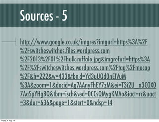 Sources - 5
http://www.google.co.uk/imgres?imgurl=https%3A%2F
%2Fswitcheswitches.ﬁles.wordpress.com
%2F2013%2F01%2Fhulk-ruffalo.jpg&imgrefurl=https%3A
%2F%2Fswitcheswitches.wordpress.com%2Ftag%2Fmocap
%2F&h=222&w=433&tbnid=Yd3uUQd0nEIVuM
%3A&zoom=1&docid=Ag7AAnyFhEY7zM&ei=T3i2U_n3COX0
7AaSpYHgBQ&tbm=isch&ved=0CCsQMygKMAo&iact=rc&uact
=3&dur=636&page=1&start=0&ndsp=14
Friday, 4 July 14
 