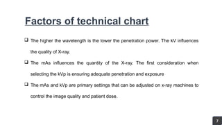 7
Factors of technical chart
 The higher the wavelength is the lower the penetration power. The kV influences
the quality of X-ray.
 The mAs influences the quantity of the X-ray. The first consideration when
selecting the kVp is ensuring adequate penetration and exposure
 The mAs and kVp are primary settings that can be adjusted on x-ray machines to
control the image quality and patient dose.
 