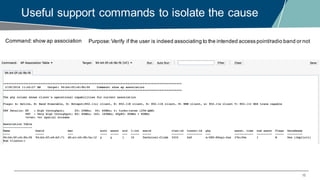 15
Useful support commands to isolate the cause
Command:show ap association Purpose:Verify if the user is indeed associating to the intended access point/radio band or not
 