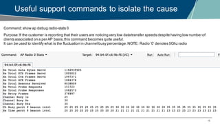 18
Useful support commands to isolate the cause
Command:show ap debug radio-stats 0
Purpose:If the customer is reporting that their users are noticing very low data transfer speeds despite having low number of
clients associated on a per AP basis,this command becomes quite useful.
It can be used to identify what is the fluctuation in channel busy percentage.NOTE: Radio ‘0’ denotes 5Ghz radio
 