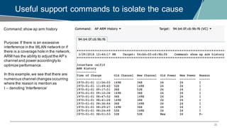 23
Useful support commands to isolate the cause
Command:show ap arm history
Purpose:If there is an excessive
interference in the WLAN network or if
there is a coverage hole in the network,
ARM has the ability to adjustthe AP’s
channel and power accordingly to
optimize performance.
In this example,we see that there are
numerous channel changes occurring
where the reason is mention as
I – denoting ‘Interference’
 