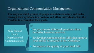 The ways in which groups of people maintain structure and order
through their symbolic interactions and allow individual actors the
freedom to accomplish their goals.
 So you can ask informed questions about
everyday business practices
 To develop communication skills that improve
your ability to succeed in the workplace
 To improve the quality of your work life
Why Should
Learn
Organizational
Communication?
 