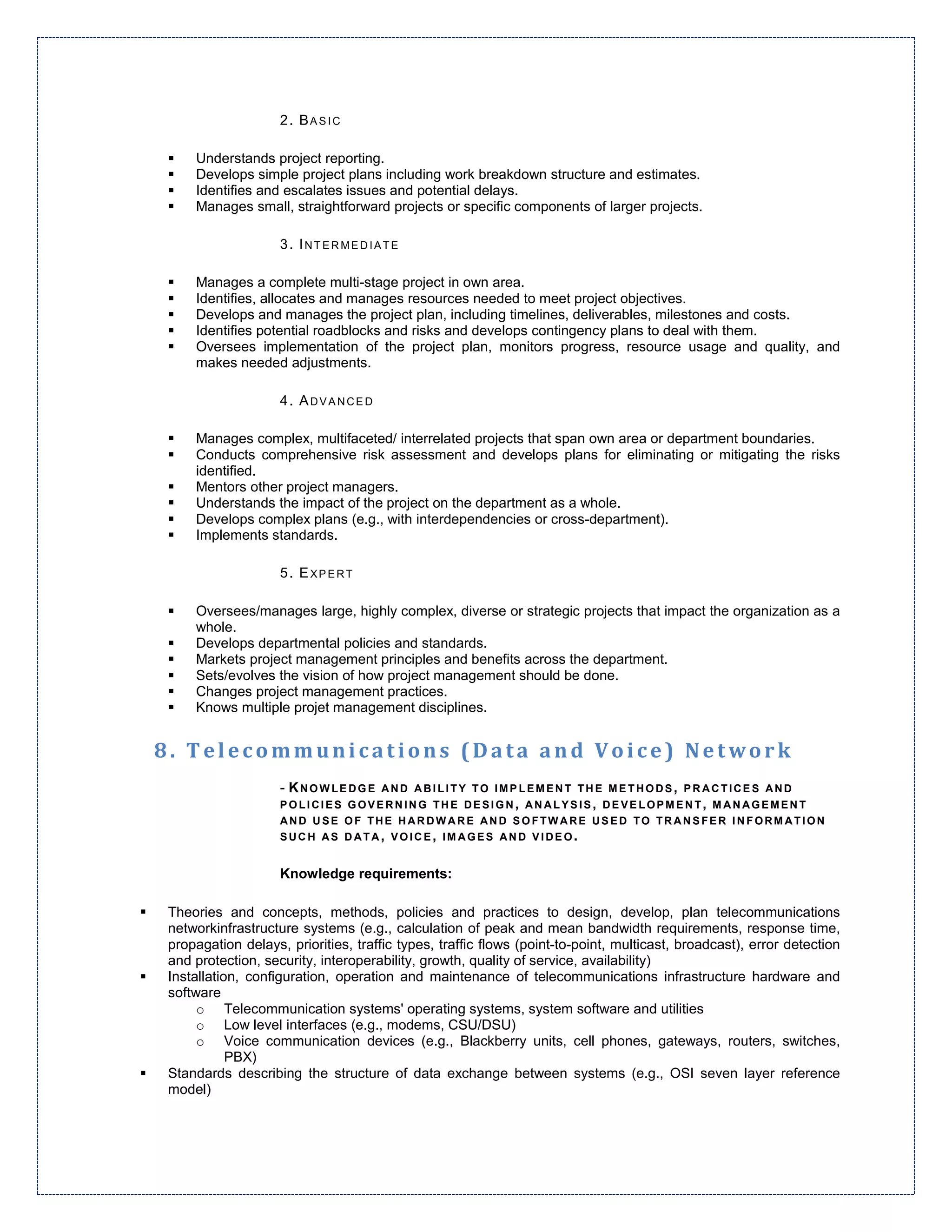 2. BASIC

     Understands project reporting.
     Develops simple project plans including work breakdown structure and estimates.
     Identifies and escalates issues and potential delays.
     Manages small, straightforward projects or specific components of larger projects.

                    3. INTERMEDIATE

     Manages a complete multi-stage project in own area.
     Identifies, allocates and manages resources needed to meet project objectives.
     Develops and manages the project plan, including timelines, deliverables, milestones and costs.
     Identifies potential roadblocks and risks and develops contingency plans to deal with them.
     Oversees implementation of the project plan, monitors progress, resource usage and quality, and
     makes needed adjustments.

                    4. ADVANCED

     Manages complex, multifaceted/ interrelated projects that span own area or department boundaries.
     Conducts comprehensive risk assessment and develops plans for eliminating or mitigating the risks
     identified.
     Mentors other project managers.
     Understands the impact of the project on the department as a whole.
     Develops complex plans (e.g., with interdependencies or cross-department).
     Implements standards.

                    5. EXPERT

     Oversees/manages large, highly complex, diverse or strategic projects that impact the organization as a
     whole.
     Develops departmental policies and standards.
     Markets project management principles and benefits across the department.
     Sets/evolves the vision of how project management should be done.
     Changes project management practices.
     Knows multiple projet management disciplines.


8. Telecommunications (Data and Voice) Network
                    - KNOWLEDGE AND ABILITY TO IMPLEMENT THE METHODS, PRACTICES AND
                    POLICIES GOVERNING THE DESIGN, ANALYSIS, DEVELOPMENT, MANAGEMENT
                    AND USE OF THE HARDWARE AND SOFTWARE USED TO TRANSFER INFORMATION
                    SUCH AS DATA, VOICE, IMAGES AND VIDEO.


                    Knowledge requirements:

 Theories and concepts, methods, policies and practices to design, develop, plan telecommunications
 networkinfrastructure systems (e.g., calculation of peak and mean bandwidth requirements, response time,
 propagation delays, priorities, traffic types, traffic flows (point-to-point, multicast, broadcast), error detection
 and protection, security, interoperability, growth, quality of service, availability)
 Installation, configuration, operation and maintenance of telecommunications infrastructure hardware and
 software
      o Telecommunication systems' operating systems, system software and utilities
      o Low level interfaces (e.g., modems, CSU/DSU)
      o Voice communication devices (e.g., Blackberry units, cell phones, gateways, routers, switches,
            PBX)
 Standards describing the structure of data exchange between systems (e.g., OSI seven layer reference
 model)
 
