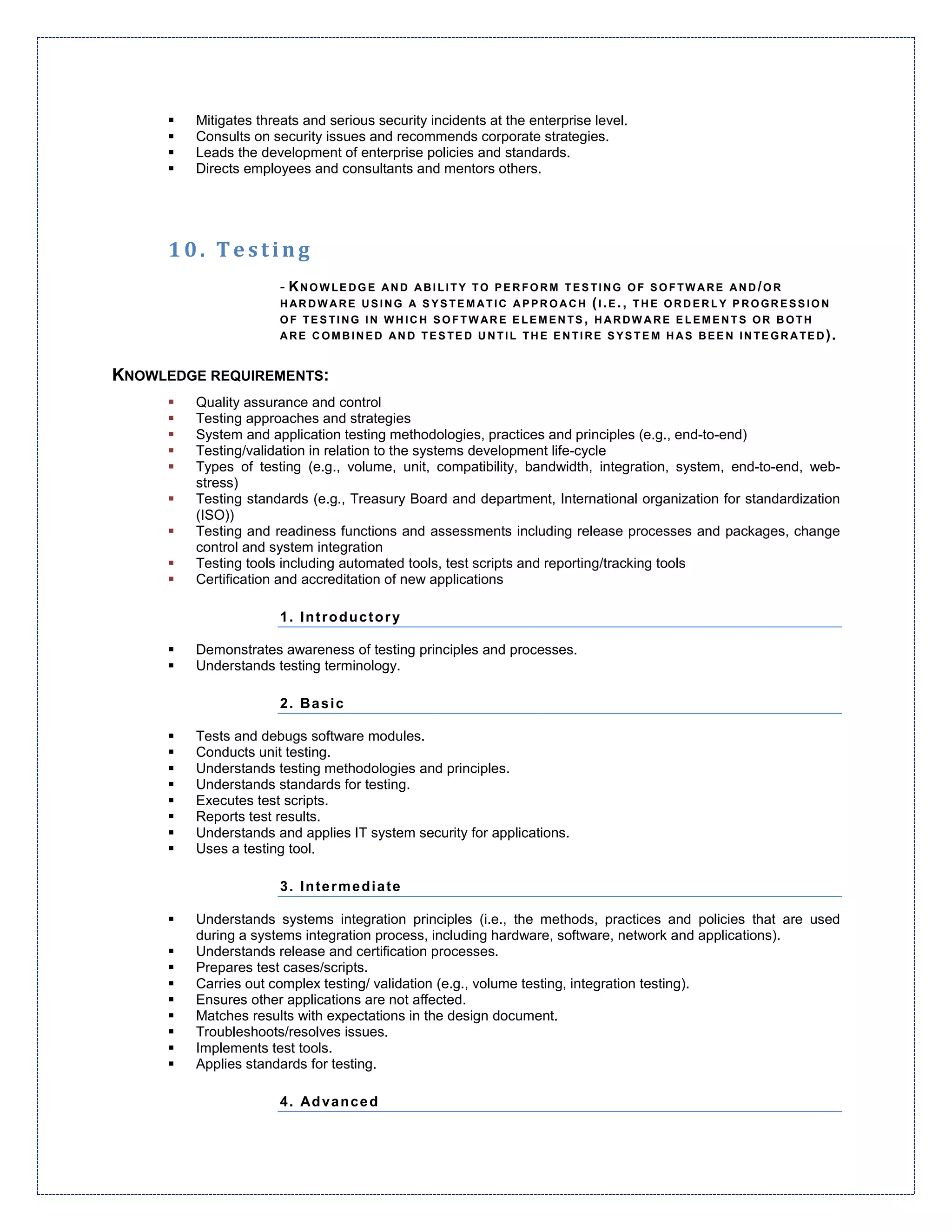 Mitigates threats and serious security incidents at the enterprise level.
        Consults on security issues and recommends corporate strategies.
        Leads the development of enterprise policies and standards.
        Directs employees and consultants and mentors others.




     10. Testing
                      - KNOWLEDGE         AND ABILITY TO PERFORM TESTING OF SOFTWARE AND/OR
                      HARDW ARE USING A S YS TE MATIC APPROACH (I.E., THE ORDERLY P ROGRESS ION
                      OF TE S TING IN WHICH SOFTW ARE E LEMENTS, HARDW ARE E LEMENTS OR BOTH
                      ARE COMBINED AND TES TE D UNTIL THE E NTIRE S YS TE M HAS BEE N INTE GRATE D).


KNOWLEDGE REQUIREMENTS:
        Quality assurance and control
        Testing approaches and strategies
        System and application testing methodologies, practices and principles (e.g., end-to-end)
        Testing/validation in relation to the systems development life-cycle
        Types of testing (e.g., volume, unit, compatibility, bandwidth, integration, system, end-to-end, web-
        stress)
        Testing standards (e.g., Treasury Board and department, International organization for standardization
        (ISO))
        Testing and readiness functions and assessments including release processes and packages, change
        control and system integration
        Testing tools including automated tools, test scripts and reporting/tracking tools
        Certification and accreditation of new applications

                      1. Introductory

        Demonstrates awareness of testing principles and processes.
        Understands testing terminology.

                      2. Basic

        Tests and debugs software modules.
        Conducts unit testing.
        Understands testing methodologies and principles.
        Understands standards for testing.
        Executes test scripts.
        Reports test results.
        Understands and applies IT system security for applications.
        Uses a testing tool.

                      3. Intermediate

        Understands systems integration principles (i.e., the methods, practices and policies that are used
        during a systems integration process, including hardware, software, network and applications).
        Understands release and certification processes.
        Prepares test cases/scripts.
        Carries out complex testing/ validation (e.g., volume testing, integration testing).
        Ensures other applications are not affected.
        Matches results with expectations in the design document.
        Troubleshoots/resolves issues.
        Implements test tools.
        Applies standards for testing.

                      4 . Ad va n c e d
 