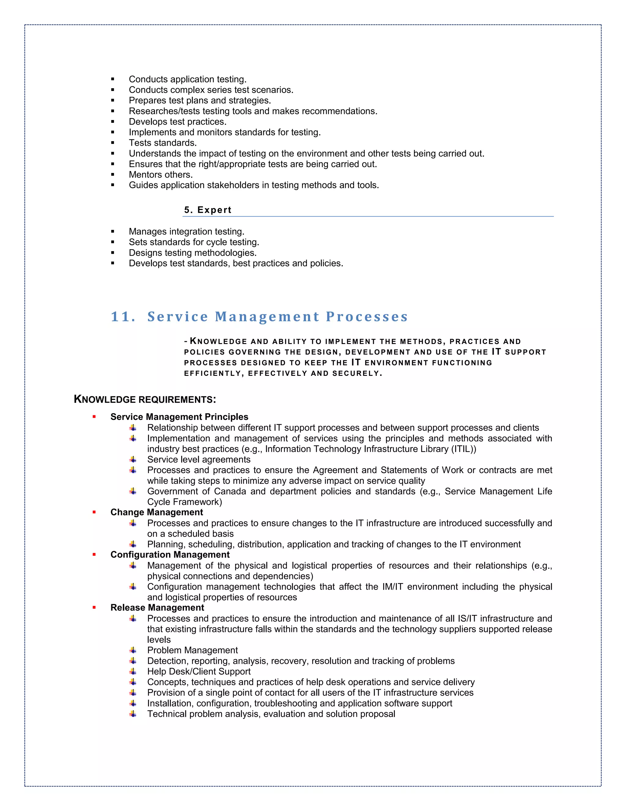 Conducts application testing.
         Conducts complex series test scenarios.
         Prepares test plans and strategies.
         Researches/tests testing tools and makes recommendations.
         Develops test practices.
         Implements and monitors standards for testing.
         Tests standards.
         Understands the impact of testing on the environment and other tests being carried out.
         Ensures that the right/appropriate tests are being carried out.
         Mentors others.
         Guides application stakeholders in testing methods and tools.

                       5. Expert

         Manages integration testing.
         Sets standards for cycle testing.
         Designs testing methodologies.
         Develops test standards, best practices and policies.




     11. Service Management Processes
                       - KNOWLEDGE AND ABILITY TO IMPLEMENT THE METHODS, PRACTICES AND
                       POLICIES GOVERNING THE DESIGN, DEVELOPMENT AND USE OF THE IT SUPPORT
                       PROCESSES DESIGNED TO KEEP THE IT ENVIRONMENT FUNCTIONING
                       EFFICIENTLY, E FFECTIVE LY AND SECURE LY.


KNOWLEDGE REQUIREMENTS:
     Service Management Principles
             Relationship between different IT support processes and between support processes and clients
             Implementation and management of services using the principles and methods associated with
             industry best practices (e.g., Information Technology Infrastructure Library (ITIL))
             Service level agreements
             Processes and practices to ensure the Agreement and Statements of Work or contracts are met
             while taking steps to minimize any adverse impact on service quality
             Government of Canada and department policies and standards (e.g., Service Management Life
             Cycle Framework)
     Change Management
             Processes and practices to ensure changes to the IT infrastructure are introduced successfully and
             on a scheduled basis
             Planning, scheduling, distribution, application and tracking of changes to the IT environment
     Configuration Management
             Management of the physical and logistical properties of resources and their relationships (e.g.,
             physical connections and dependencies)
             Configuration management technologies that affect the IM/IT environment including the physical
             and logistical properties of resources
     Release Management
             Processes and practices to ensure the introduction and maintenance of all IS/IT infrastructure and
             that existing infrastructure falls within the standards and the technology suppliers supported release
             levels
             Problem Management
             Detection, reporting, analysis, recovery, resolution and tracking of problems
             Help Desk/Client Support
             Concepts, techniques and practices of help desk operations and service delivery
             Provision of a single point of contact for all users of the IT infrastructure services
             Installation, configuration, troubleshooting and application software support
             Technical problem analysis, evaluation and solution proposal
 
