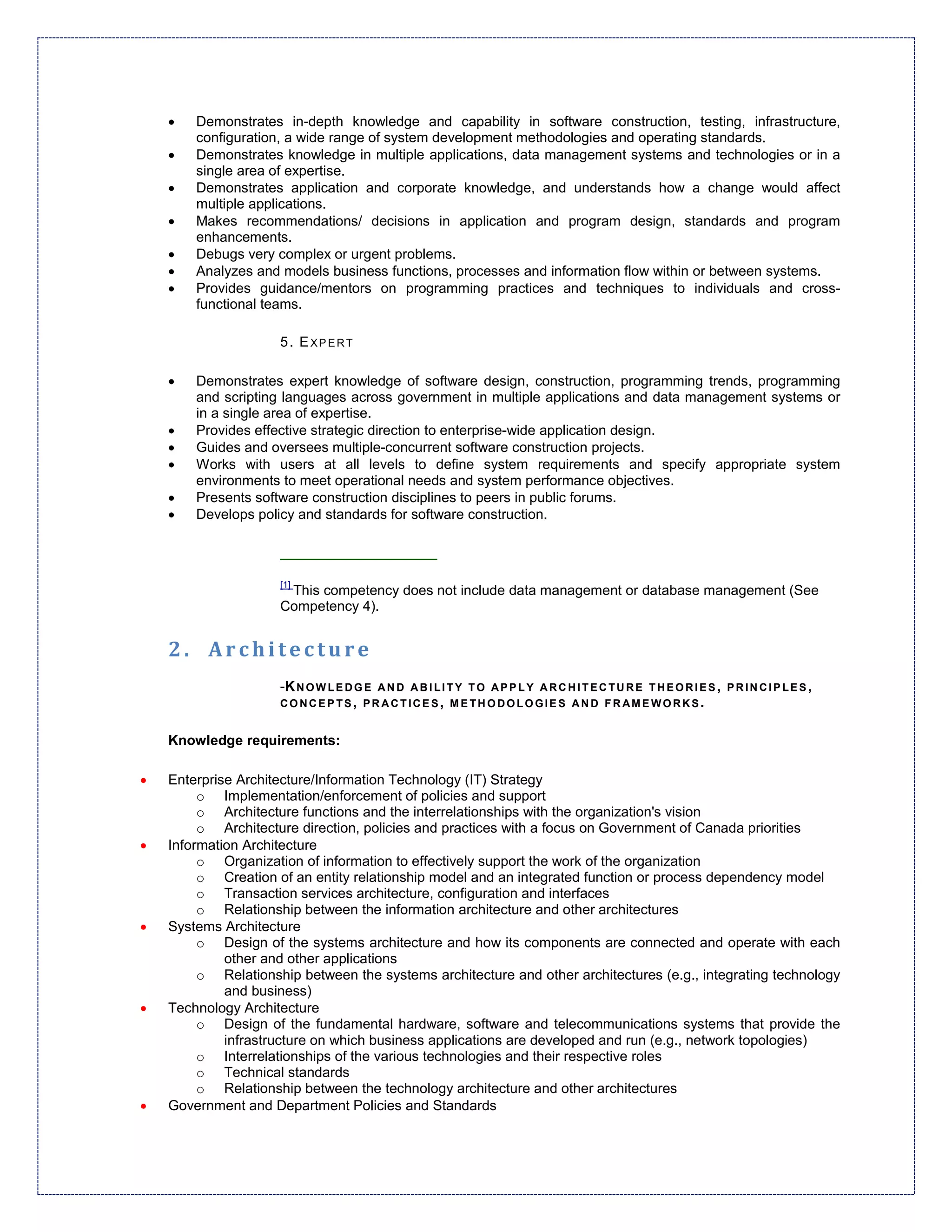 •   Demonstrates in-depth knowledge and capability in software construction, testing, infrastructure,
        configuration, a wide range of system development methodologies and operating standards.
    •   Demonstrates knowledge in multiple applications, data management systems and technologies or in a
        single area of expertise.
    •   Demonstrates application and corporate knowledge, and understands how a change would affect
        multiple applications.
    •   Makes recommendations/ decisions in application and program design, standards and program
        enhancements.
    •   Debugs very complex or urgent problems.
    •   Analyzes and models business functions, processes and information flow within or between systems.
    •   Provides guidance/mentors on programming practices and techniques to individuals and cross-
        functional teams.

                     5. EXPERT

    •   Demonstrates expert knowledge of software design, construction, programming trends, programming
        and scripting languages across government in multiple applications and data management systems or
        in a single area of expertise.
    •   Provides effective strategic direction to enterprise-wide application design.
    •   Guides and oversees multiple-concurrent software construction projects.
    •   Works with users at all levels to define system requirements and specify appropriate system
        environments to meet operational needs and system performance objectives.
    •   Presents software construction disciplines to peers in public forums.
    •   Develops policy and standards for software construction.



                     [1]
                      This competency does not include data management or database management (See
                     Competency 4).


    2. Architecture
                     -K N O W L E D G E A N D A B I L I T Y T O A P P L Y A R C H I T E C T U R E T H E O R I E S ,   PRINCIPLES,
                     CONCE P TS, PRACTICE S, M E THODOLOGIE S AND FRAME WORKS.


    Knowledge requirements:

•   Enterprise Architecture/Information Technology (IT) Strategy
         o Implementation/enforcement of policies and support
         o Architecture functions and the interrelationships with the organization's vision
         o Architecture direction, policies and practices with a focus on Government of Canada priorities
•   Information Architecture
         o Organization of information to effectively support the work of the organization
         o Creation of an entity relationship model and an integrated function or process dependency model
         o Transaction services architecture, configuration and interfaces
         o Relationship between the information architecture and other architectures
•   Systems Architecture
         o Design of the systems architecture and how its components are connected and operate with each
             other and other applications
         o Relationship between the systems architecture and other architectures (e.g., integrating technology
             and business)
•   Technology Architecture
         o Design of the fundamental hardware, software and telecommunications systems that provide the
             infrastructure on which business applications are developed and run (e.g., network topologies)
         o Interrelationships of the various technologies and their respective roles
         o Technical standards
         o Relationship between the technology architecture and other architectures
•   Government and Department Policies and Standards
 