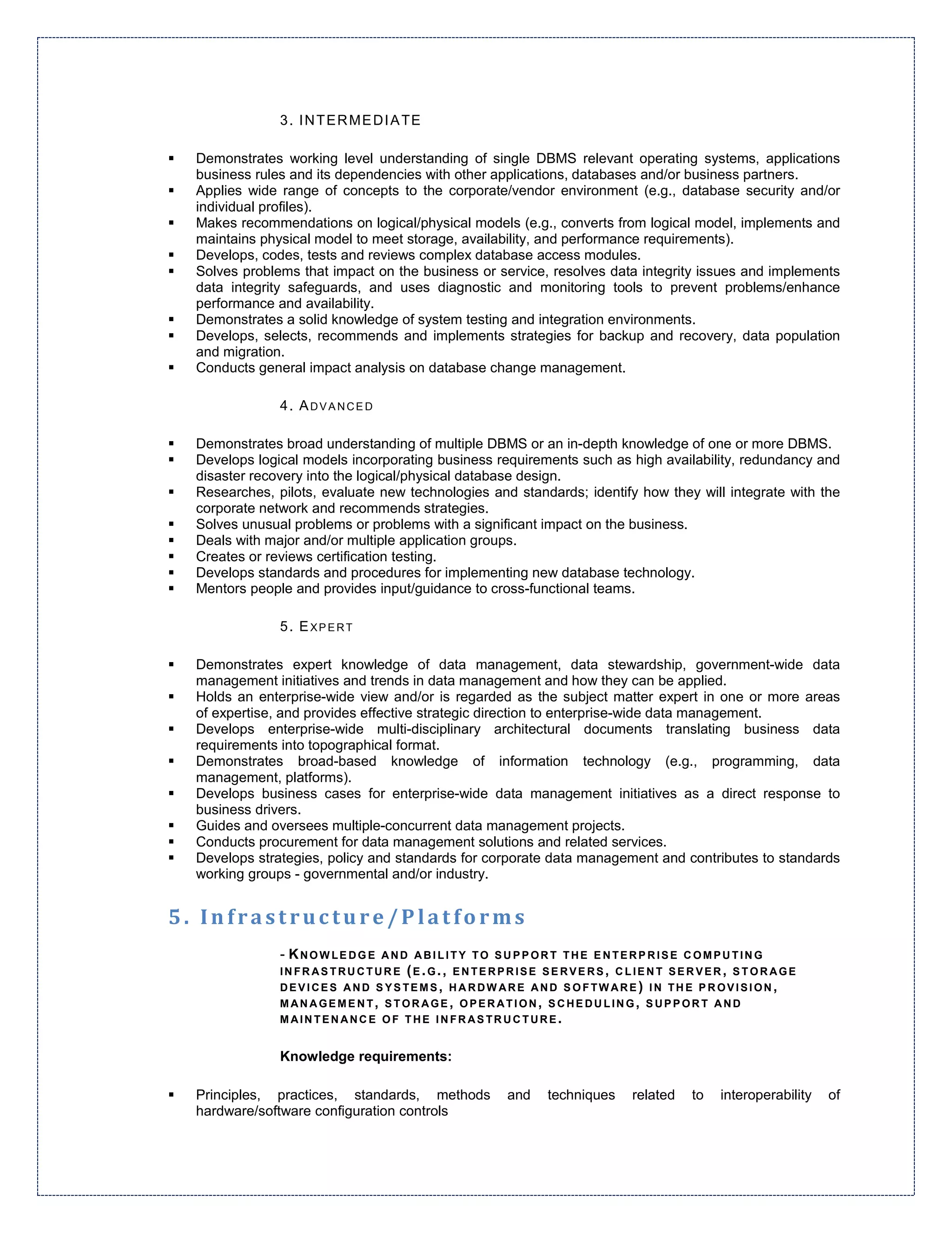 3 . I N T E R M E D I A TE

  Demonstrates working level understanding of single DBMS relevant operating systems, applications
  business rules and its dependencies with other applications, databases and/or business partners.
  Applies wide range of concepts to the corporate/vendor environment (e.g., database security and/or
  individual profiles).
  Makes recommendations on logical/physical models (e.g., converts from logical model, implements and
  maintains physical model to meet storage, availability, and performance requirements).
  Develops, codes, tests and reviews complex database access modules.
  Solves problems that impact on the business or service, resolves data integrity issues and implements
  data integrity safeguards, and uses diagnostic and monitoring tools to prevent problems/enhance
  performance and availability.
  Demonstrates a solid knowledge of system testing and integration environments.
  Develops, selects, recommends and implements strategies for backup and recovery, data population
  and migration.
  Conducts general impact analysis on database change management.

               4. ADVANCED

  Demonstrates broad understanding of multiple DBMS or an in-depth knowledge of one or more DBMS.
  Develops logical models incorporating business requirements such as high availability, redundancy and
  disaster recovery into the logical/physical database design.
  Researches, pilots, evaluate new technologies and standards; identify how they will integrate with the
  corporate network and recommends strategies.
  Solves unusual problems or problems with a significant impact on the business.
  Deals with major and/or multiple application groups.
  Creates or reviews certification testing.
  Develops standards and procedures for implementing new database technology.
  Mentors people and provides input/guidance to cross-functional teams.

               5. EXPERT

  Demonstrates expert knowledge of data management, data stewardship, government-wide data
  management initiatives and trends in data management and how they can be applied.
  Holds an enterprise-wide view and/or is regarded as the subject matter expert in one or more areas
  of expertise, and provides effective strategic direction to enterprise-wide data management.
  Develops enterprise-wide multi-disciplinary architectural documents translating business data
  requirements into topographical format.
  Demonstrates broad-based knowledge of information technology (e.g., programming, data
  management, platforms).
  Develops business cases for enterprise-wide data management initiatives as a direct response to
  business drivers.
  Guides and oversees multiple-concurrent data management projects.
  Conducts procurement for data management solutions and related services.
  Develops strategies, policy and standards for corporate data management and contributes to standards
  working groups - governmental and/or industry.


5. Infrastructure/Platforms
               - KNOWLEDGE  AND ABILITY TO SUPPORT THE ENTERPRISE COMPUTING
               INFRASTRUCTURE (E.G., ENTERPRISE SERVERS, CLIENT SERVER, STORAGE
               DEVICES AND SYSTEMS, HARDWARE AND SOFTWARE) IN THE PROVISION,
               MANAGEMENT, STORAGE, OPERATION, SCHEDULING, SUPPORT AND
               MAINTENANCE OF THE INFRASTRUCTURE.


               Knowledge requirements:

  Principles, practices, standards, methods        and   techniques    related   to   interoperability   of
  hardware/software configuration controls
 