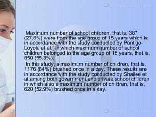 Maximum number of school children, that is, 387 
(27.6%) were from the age group of 15 years which is 
in accordance with the study conducted by Pontigo- 
Loyola et al.[ in which maximum number of school 
children belonged to the age group of 15 years, that is, 
850 (55.3%). 
In this study, a maximum number of children, that is, 
1176 (84%) brushed once in a day. These results are 
in accordance with the study conducted by Shailee et 
al.among both government and private school children 
in which also a maximum number of children, that is, 
620 (52.9%) brushed once in a day. 
 