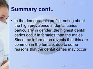 Summary cont.. 
• In the demographic profile, noting about 
the high prevalence in dental caries 
particularly in gender, the highest dental 
caries occur in females than the males. 
Since the information reveals that this are 
common in the female, due to some 
reasons that the dental caries may occur. 
 
