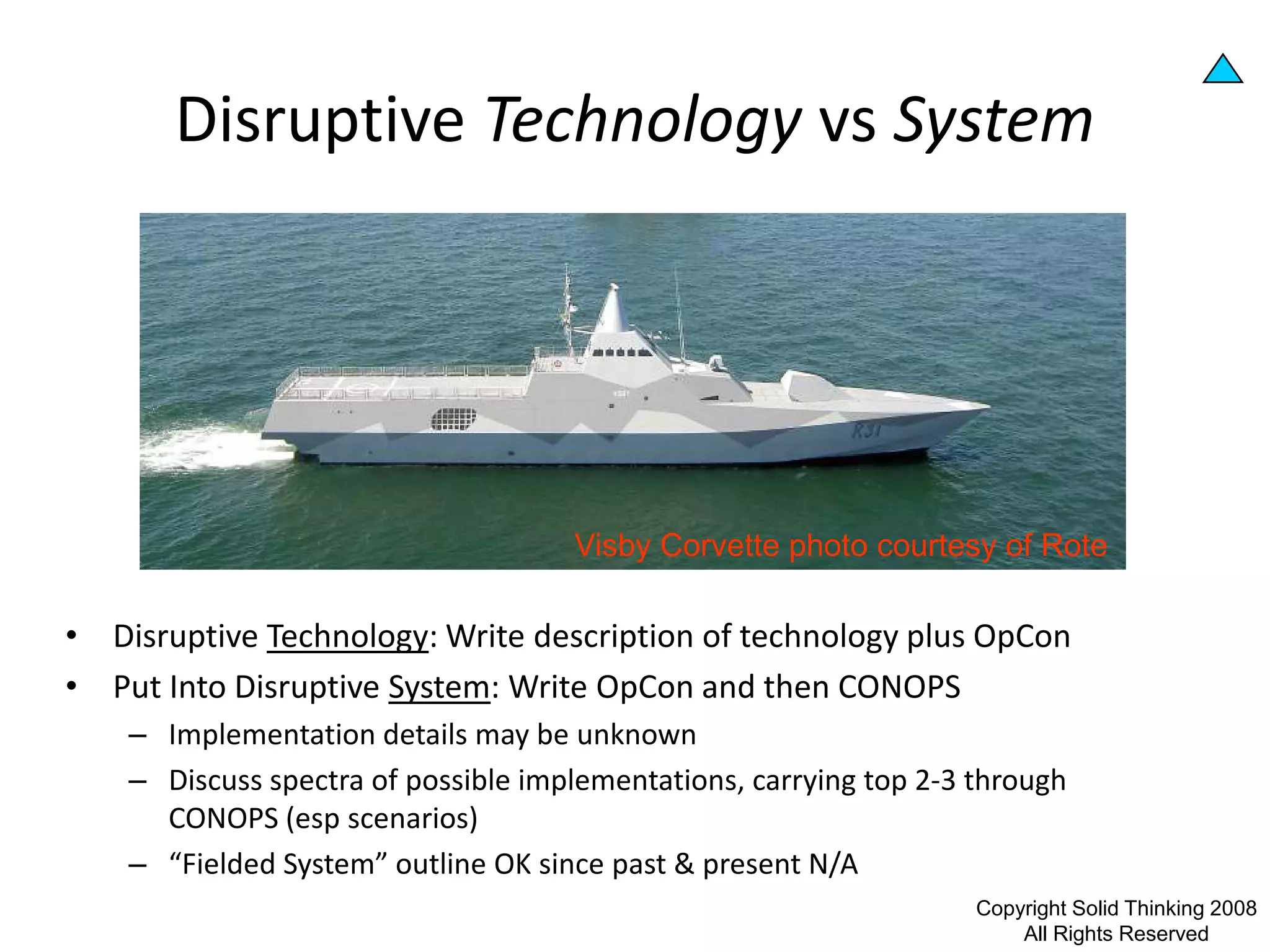 Disruptive Technology vs System




                                     Visby Corvette photo courtesy of Rote

• Disruptive Technology: Write description of technology plus OpCon
• Put Into Disruptive System: Write OpCon and then CONOPS
    – Implementation details may be unknown
    – Discuss spectra of possible implementations, carrying top 2-3 through
      CONOPS (esp scenarios)
    – “Fielded System” outline OK since past & present N/A
                                                                    Copyright Solid Thinking 2008
                                                                                        23
                                                                        All Rights Reserved
 
