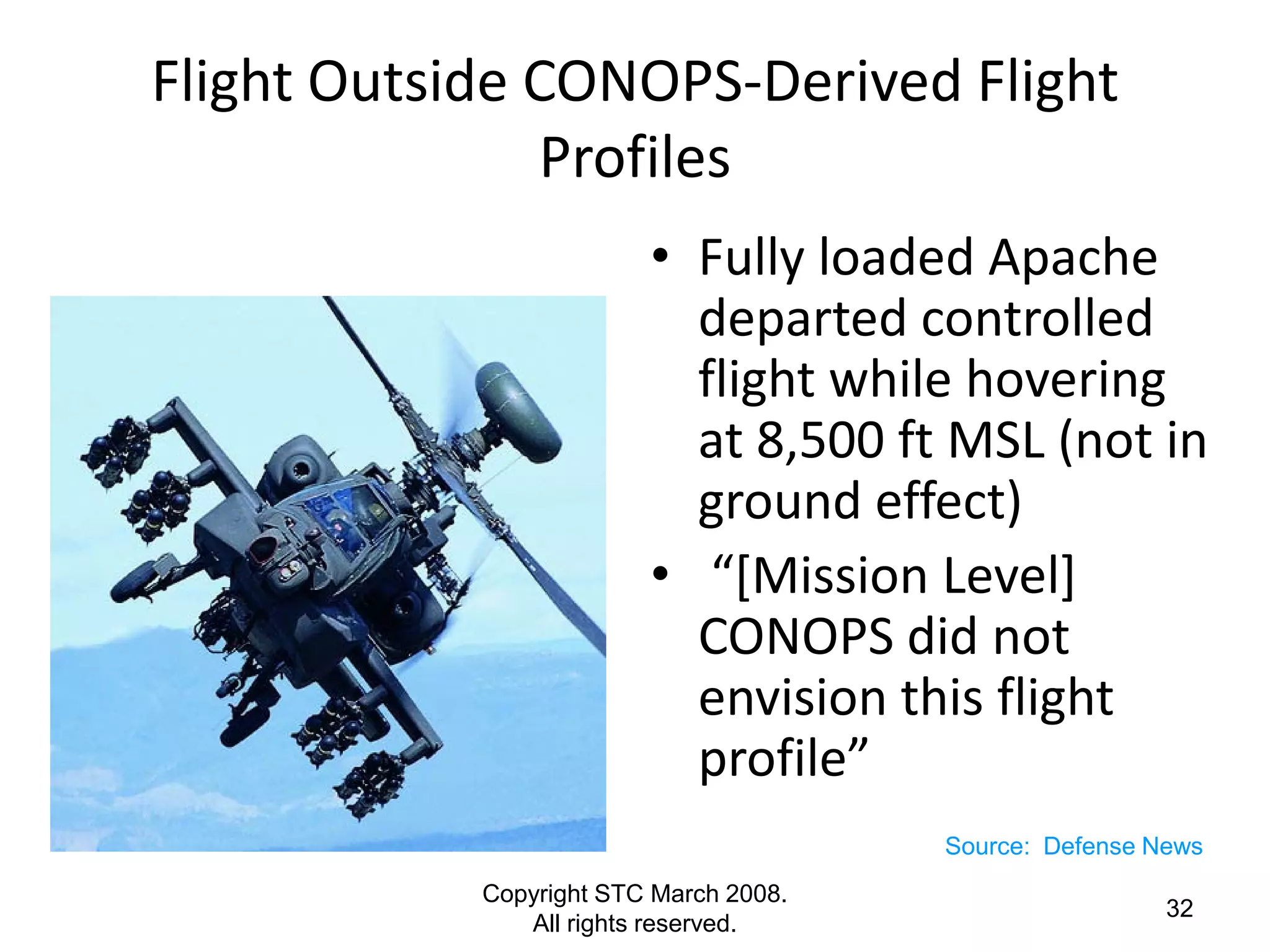 Flight Outside CONOPS-Derived Flight
               Profiles
                         • Fully loaded Apache
                           departed controlled
                           flight while hovering
                           at 8,500 ft MSL (not in
                           ground effect)
                         • “[Mission Level]
                           CONOPS did not
                           envision this flight
                           profile”
                                        Source: Defense News
            Copyright STC March 2008.
                                                         32
               All rights reserved.
 