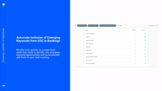 109
Automate Inclusion of Emerging
Keywords from GSC in Rankings
Monitor your queries on a page-level
week over week to identify new emerging
keyword opportunities and automatically
add them to your rank tracking.
TECHNICALCONTENTOPTIMIZATION
 