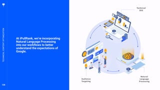 126
At iPullRank, we’re incorporating
Natural Language Processing
into our workflows to better
understand the expectations of
Google.
TECHNICALCONTENTOPTIMIZATION
 