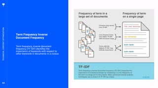 63
Term Frequency Inverse
Document Frequency
Term frequency, inverse document
frequency (TF-IDF) identifies the
importance of keywords with respect to
other keywords in documents in a corpus.
TECHNICALCONTENTOPTIMIZATION
 