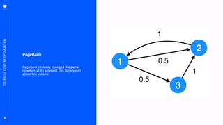 8
PageRank
PageRank certainly changed the game.
However, at its simplest, it is largely just
about link volume.
TECHNICALCONTENTOPTIMIZATION
 