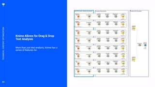 81
Knime Allows for Drag & Drop
Text Analysis
More than just text analysis, Knime has a
series of features for.
TECHNICALCONTENTOPTIMIZATION
 