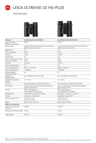Technical data
Page 1 of 1 I As at August 2015 I Specifications are subject to change without notice
Leica Camera AG I Am Leitz-Park 5 I D-35578 Wetzlar I Phone +49 (0) 6441-2080-0 I Fax +49 (0) 6441-2080-333 I info@leica-camera.com I www.leica-camera.com
Binocular Leica Ultravid 8 x 32 HD-PLUS Leica Ultravid 10 x 32 HD-PLUS
Order No. Product
Rubber armored, black
40 090 40 091
Delivery scope contoured neoprene carrying strap, front lens caps,
eyepiece caps, cordura case
contoured neoprene carrying strap, front lens caps,
eyepiece caps, cordura case
Magnification 8 x 10 x
Front lens diameter 32 mm 32 mm
Exit pupil 4 mm 3.2 mm
Twilight factor 16 17.9
Field of view at 1,000 m Field
of view at 1,000 yds
135 m
404 ft
118 m
352 ft
Eye-relief 13.3 mm 13.2 mm
Objective angle of view 7.7° 6.7°
Close focusing distance approx. 2.1 m/7.2 ft approx. 2 m/6.6 ft
Diopter compensation ± 4 diopters ± 4 diopters
Automatic diopter
compensation ADC™
yes yes
Eyepieces for
eyeglass wearers
yes, removable, with 4 click stops yes, removable, with 4 click stops
Adjustable interpupillary
distance
52 – 74 mm 52 – 74 mm
Focusing internal focusing via central focusing device nternal focusing via central focusing device
Prism system roof prism with phase correcting coating P40 and
HighLux-System HLS™
roof prism with phase correcting coating P40 and
HighLux-System HLS™
Coating HDC™ multicoating and
Leica AquaDura™ lens coating
HDC™ multicoating and
Leica AquaDura™ lens coating
Watertightness waterproof to a depth of 5 m/16.5 ft waterproof to a depth of 5 m/16.5 ft
Housing magnesium, nitrogen-filled magnesium, nitrogen-filled
Dimensions (W x H x D) 116 x116 x 56 mm
4.57 x 4.57 x 2.2 in
116 120 x 56 mm
4.57 x 4.7 x 2.2 in
Weight approx. 535 g / 18.9 oz approx. 565 g / 19.9 oz
Order No. Accessories
Neoprene carrying strap,
contoured
included included
Floating carrying strap, orange 42 163 42 163
Tripod adapter 42 220 42 220
LEICA ULTRAVID 32 HD-PLUS
 