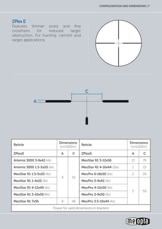 configuration and dimensions | 7
ZPlex II
Features thinner posts and fine
crosshairs for reduced target
obstruction. For hunting, varmint and
target applications.
A
C
Reticle
Dimensions
(cm/100m)
Reticle
Dimensions
(cm/100m)
ZPlexII A C ZPlexII A C
Artemis 3000 3-9x42 (4x)
4 52
MeoStar R1 3-12x56 13 79
Artemis 3000 1.5-5x20 (4x) MeoStar R1 4-16x44 (16x) 1 13
MeoStar R1 1.5-5x20 (4x) MeoPro 6-18x50 (6x) 2 24
MeoStar R1 1-4x22 (4x) MeoPro 3-9x42 (4x)
5 50
MeoStar R1 4-12x40 (4x) MeoPro 4-12x50 (4x)
MeoStar R1 3-10x50 (4x) MeoPro 3-9x50 (4x)
MeoStar R1 7x56 8 46 MeoPro 3.5-10x44 (4x)
Power for valid dimensions in brackets
 