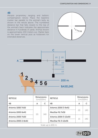 configuration and dimensions | 9
1/2
1/6
1/6
1/3
1/3
1/3
1/2
A
C
4B
Meopta proprietary ranging and ballistic
compensation reticle. Place the baseline
marker bar parallel to the animal’s belly as
shown in the reticle above. The numbered
distance bar that falls closest to the top of
the animal’s back indicates the approximate
distance in hundreds of yards. Animal shown
is approximately 200 meters out. Marker bars
on the lower vertical post as holdovers for
extended distances.
BASELINE
200 m
Reticle
Dimensions
(cm/100m)
Reticle
Dimensions
(cm/100m)
4B A C 4B A C
Artemis 1000 7x50
20 140
Artemis 2000 3-9x42
20 140
Artemis 2000 6x42 MeoStar R1 7x56
Artemis 2000 7x50 Artemis 2000 3-12x50
15 140
Artemis 2000 2-8x42 MeoStar R1 3-12x56
Scale up to 600 m
 