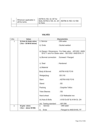 5.1
Wherever applicable in
all the tanks.
ASTM A-193, Gr. B7 for
Bolts ASTM A-194, Gr. 2H
for Nuts
ASTM A-193 / A-194
VALVES
S.No. Valves Characteristics
1 SS Gate & Globe valves
( Size – 50 NB & below)
i) Service : DM water
ii) Ends : Socket welded
iii) Design / Dimensions : For Gate valve - API 602 / ANSI
B16.11 and For Globe valve - BS 5352 / ANSI B16.11
iv) Bonnet connection : Screwed / Flanged
v) Seat : Hardened
vi) Material
Body & Bonnet :ASTM A182 F316
Wedge/plug :SS 316
Stem : ASTM A182 F316
Gland : SS
Packing : Graphite Teflon
Yoke Sleeves : SS
Hand wheel : CS/ Malleable iron
vii) vii) Nuts & Bolts : A193 Gr.B7 & A194 Gr. 2H
viii) Testing standard : API 598
2. SS gate valves
( Size – above 50 NB)
i) Service : DM water
ii) Ends : Flanged to ANSI B165, FF
Page 310 of 1054
 