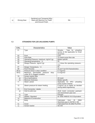 x) Driving Gear
Hardened and Tempered Alloy
Steel with Machine Cut Teeth
and Ground Finish
NA
1.3 STRAINERS FOR LDO UNLOADING PUMPS
S.No. Characteristics Value
01 Type Simplex Type for unloading
pumps & Not applicable for Drain
oil pumps
02 Fluid LDO
03 Flow Rate To match pump flow rate
04 Operating Pressure, maximum kg/cm2 (g) Bidder specific
05 Operating temperature, q C 55
06 Design Pressure , kg/cm2 (g) 1.1 times the operating pressure ,
min.
07 Design Temperature, q C 65
08 Fluid Viscosity As per Fuel Oil Characteristics
09 a) Pressure drop in clean condition 0.1 kg/cm2
09 b) Maximum permissible pressure drop
under 50 % clogged condition
0.3 kg/cm2
10 Screen basket data
a) Dia of perforations 40 mesh
b) Minimum thickness Bidder specific
11 Steam Jacket Applicable for HFO unloading
pump suction strainer.
12 Steam pressure for steam heating 4 kg/cm2 (a) or higher as decided
during detail engineering
13 End Connection details
a) Inlet & outlet size Shall match connected upstream
and downstream pipe size
b) Type Flanged
c) Details / Standard IS: 6392 /ANSI B 16.5 /Equivalent.
14 Material of Construction
a) Body Fabricated from IS 2062/
Seamless pipe to ASTM A 106
b) Cover Fabricated from IS 2062 PLATES
c) Screen basket SS 304
Page 297 of 1054
 