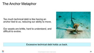 The Anchor Metaphor
Too much technical debt is like having an
anchor tied to us, reducing our ability to move.
Our assets ...