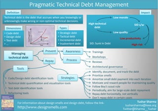 Tushar Sharma
tusharsharma@ieee.org
Twitter@Sharma__Tushar
Pragmatic Technical Debt Management
Dimensions
• Code debt
• Design debt
• Test debt
• …
Definition
Technical debt is the debt that accrues when you knowingly or
unknowingly make wrong or non-optimal technical decisions.
Types
• Strategic debt
• Tactical debt
• Incremental debt
• Inadvertent debt
Impact
High technical
debt
Low morale
Low quality
SID s/w
Low productivity
High riskSID: Sunk In Debt
Managing
technical debt
Prevent
Repay
Awareness
Process
Trainings
Workshops
Reviews
Architectural governance
Tools
StrategiesCode/Design debt identification tools
Technical debt quantification and visualization tools
Test debt identification tools
Refactoring tools
Identify, document, and track the debt
Prioritize smells
Amortize small debt payment into each iteration
Motivate and reward people for maintaining quality
Follow Boy’s scout rule
Periodically, aim for large-scale debt repayment
Repay debt horizontally, not vertically
Don’t repay debt in certain cases
For information about design smells and design debt, follow the link-
http://www.designsmells.com
 