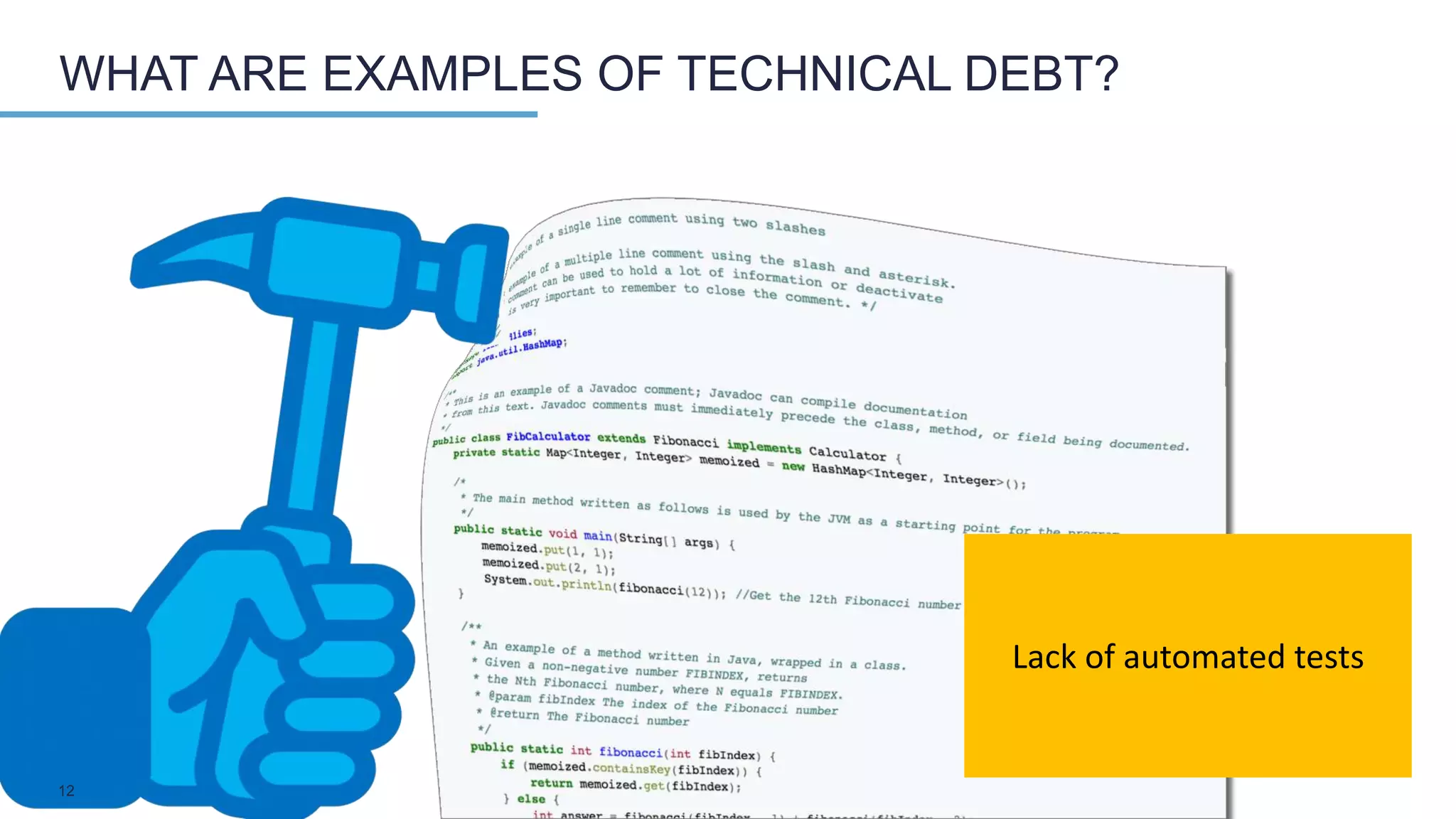 WHAT ARE EXAMPLES OF TECHNICAL DEBT?
Lack of automated tests
12
 