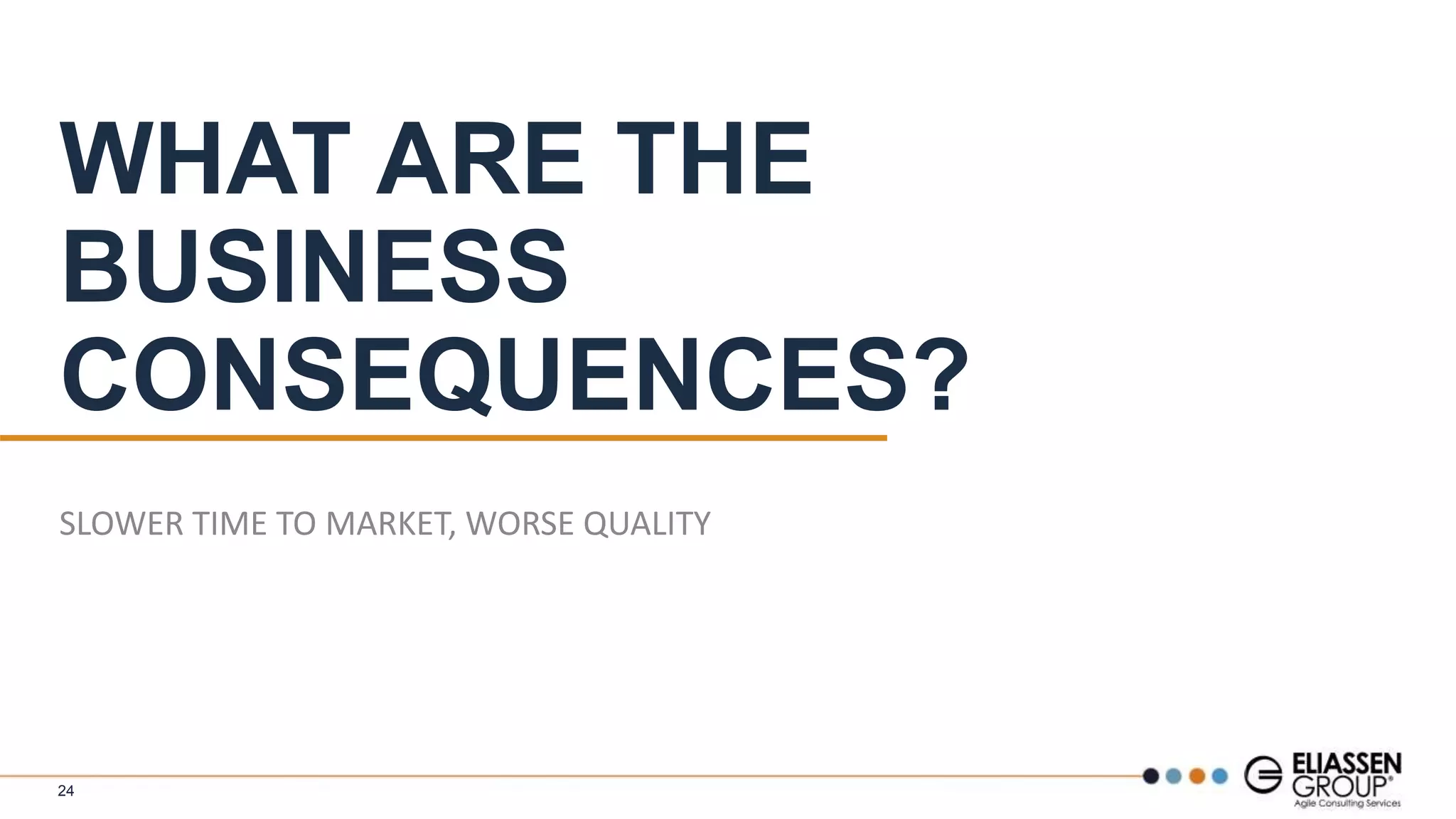 WHAT ARE THE
BUSINESS
CONSEQUENCES?
SLOWER TIME TO MARKET, WORSE QUALITY
24
 