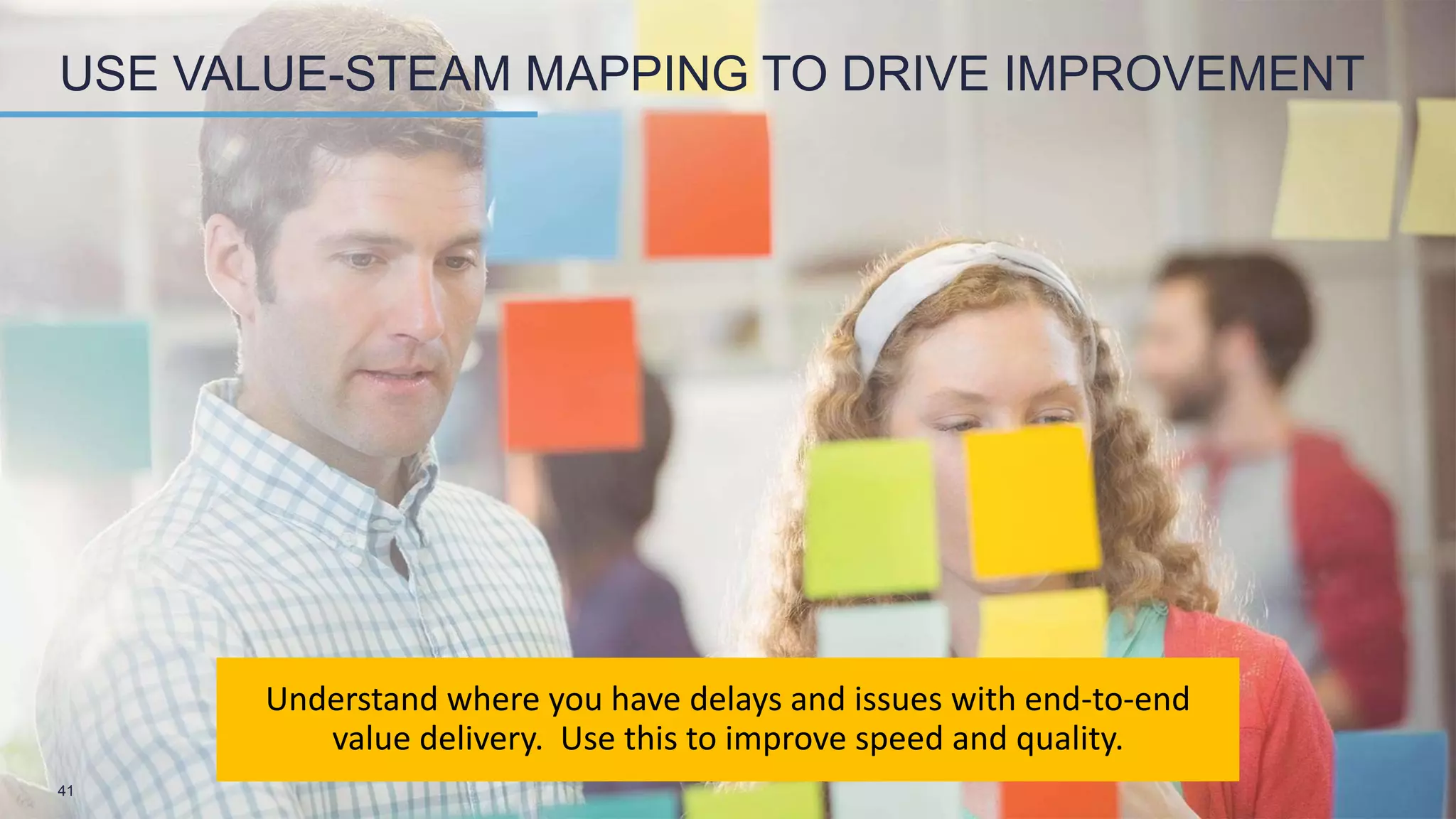 41
USE VALUE-STEAM MAPPING TO DRIVE IMPROVEMENT
Understand where you have delays and issues with end-to-end
value delivery. Use this to improve speed and quality.
 