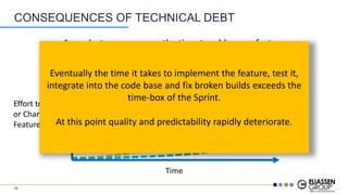 CONSEQUENCES OF TECHNICAL DEBT
Impact of Technical Debt
Effort to Add
or Change a
Feature
A much steeper curve – the time to add a new feature
increases more rapidly with Technical Debt
Time
18
Eventually the time it takes to implement the feature, test it,
integrate into the code base and fix broken builds exceeds the
time-box of the Sprint.
At this point quality and predictability rapidly deteriorate.
 
