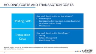 HOLDING COSTS AND TRANSACTION COSTS
Holding Costs
How much does it cost to not ship software?
• Cost of capital
• Lost opportunities (new sales, increased customer
satisfaction, market share)
• Obsolescence
Transaction
Costs
How much does it cost to ship software?
• Testing
• Release Management
• Fixed Training Costs
Reinertsen, Donald G. (2012-03-29). The Principles of Product Development Flow: Second Generation Lean Product Development (p.
122). Celeritas Publishing. Kindle Edition.
25
 