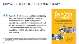 35
HOW MUCH SHOULD SHOULD YOU INVEST?
We will actively manage this technical debt by
ensuring that we invest at least 20% of all
Development and Operations cycles on
refactoring, investing in automation work and
architecture and non-functional requirements
… such as maintainability, manageability,
scalability, reliability, testability, deployability,
and security. 1
1. Kim, Gene,Humble, Jez,Debois, Patrick,Willis, John. The DevOps Handbook: How to Create World-Class
Agility, Reliability, and Security in Technology Organizations (Kindle Locations 1669-1672). IT Revolution
Press. Kindle Edition.
 
