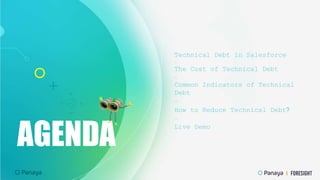 AGENDA
Technical Debt in Salesforce
—
The Cost of Technical Debt
—
Common Indicators of Technical
Debt
—
How to Reduce Technical Debt?
—
Live Demo
 