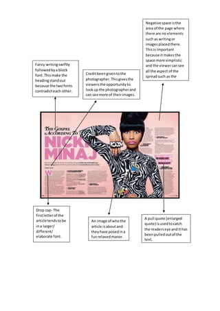 Fancy writingswiftly
followedbya block
font.Thismake the
headingstandout
because the twofonts
contradicteach other.
Drop cap- The
firstletterof the
article tendstobe
ina larger/
different/
elaborate font.
A pull quote (enlarged
quote) isusedtocatch
the readerseye andit has
beenpulledoutof the
text.
An image of whothe
article isaboutand
theyhave posedina
funrelaxedmanor.
Creditbeengiventothe
photographer.Thisgivesthe
viewersthe opportunityto
lookup the photographerand
can see more of theirimages.
Negative space isthe
area of the page where
there are no elements
such as writingor
imagesplacedthere.
Thisis important
because itmakesthe
space more simplistic
and the viewercansee
all the aspect of the
spreadsuch as the
background.
 